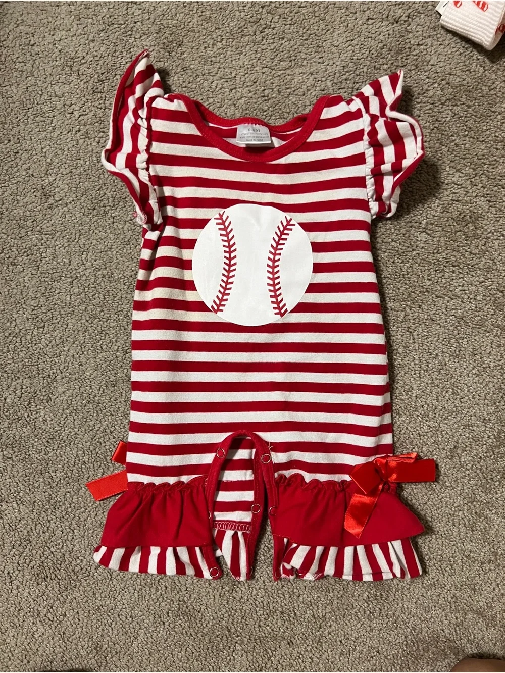 Red & White Striped Baby Romper with Baseball Graphic - Picture 1 of 3